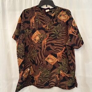 Silky Scrubs Men's L Medical Scrub Top Jungle Safari Print V Neck